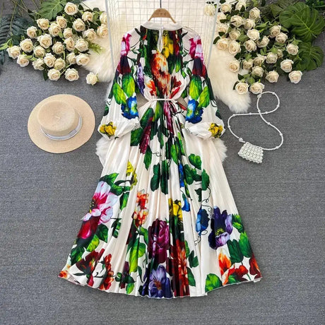 Spring Holiday Print Long Dress For Women Fashion Loose Lantern Sleeve Party Robe Female Big Swing Tassels Belt Pleated Clothes - Lootquake