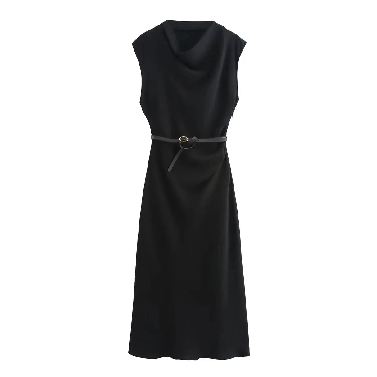 TRAFZA Women's Autumn New Fashion Versatile Belted Midi Slim Long Dress Female Elegant High Street Sleeveless Casual Dress Mujer