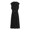 TRAFZA Women's Autumn New Fashion Versatile Belted Midi Slim Long Dress Female Elegant High Street Sleeveless Casual Dress Mujer
