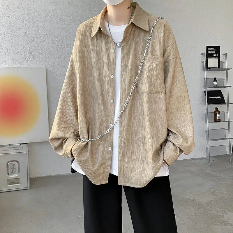 Solid Color Turn-Down Collar Long Sleeve Loose Fit Shirt with Pockets - Stylish & Functional Casual Top for Men & Women M-XXXXXL - Lootquake
