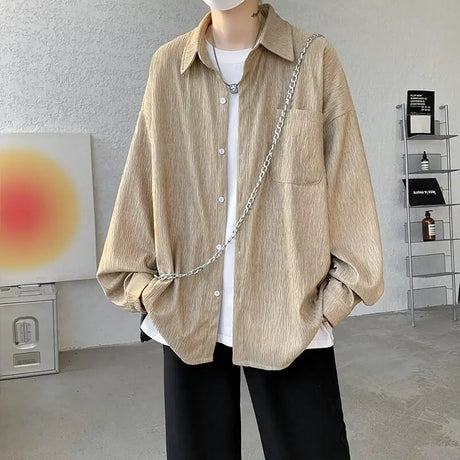 Solid Color Turn-Down Collar Long Sleeve Loose Fit Shirt with Pockets - Stylish & Functional Casual Top for Men & Women M-XXXXXL - Lootquake