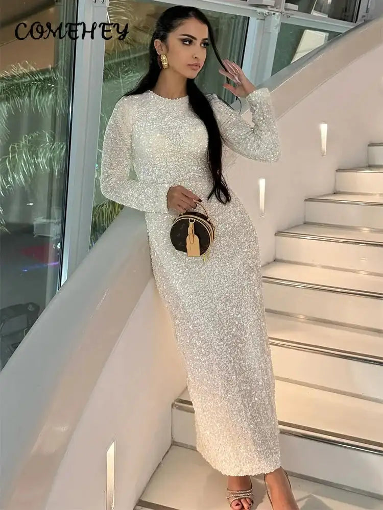 Sequined Party Dresses For Women Removable Sleeve O-neck Slim Long Dress Female 2025 Elegant White Lady Sexy Evening Vestidos - Lootquake