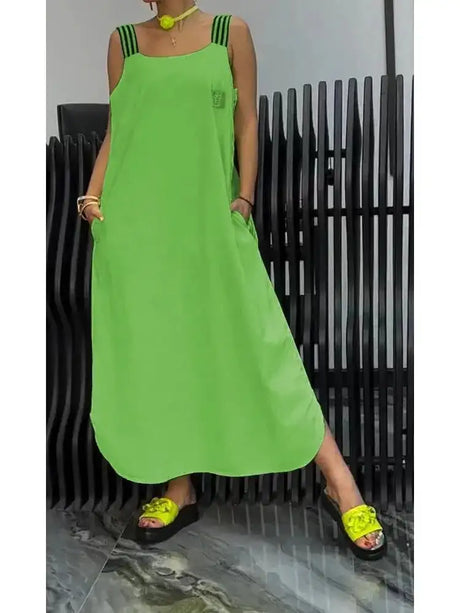 Summer Fashion Solid Cotton Linen Dresses Women Sexy Square Neck Sleeveless Suspender Slit Long Dress Casual Loose Dress Woman - Lootquake