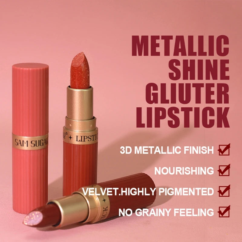 Metallic Pearl Diamond Luxury Lipstick Makeup 6-color Waterproof Long-lasting Sparkling Matte Lip Gloss Daily Beauty Accessories