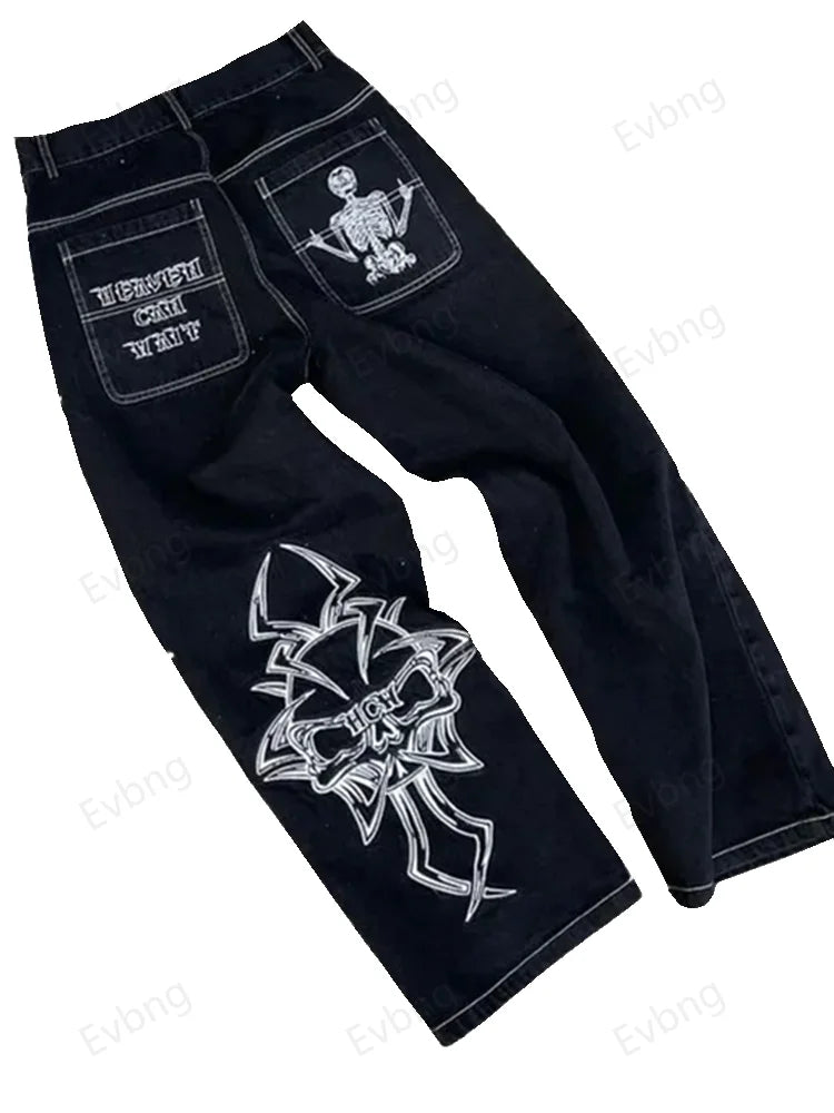 Women's Skeleton Embroidery Jeans, Men's Casual Street Style Loose Fit Jeans,Hip Hop Y2K New Straight Cargo Pants Streetwear - Lootquake