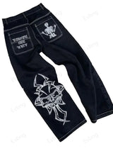 Women's Skeleton Embroidery Jeans, Men's Casual Street Style Loose Fit Jeans,Hip Hop Y2K New Straight Cargo Pants Streetwear - Lootquake