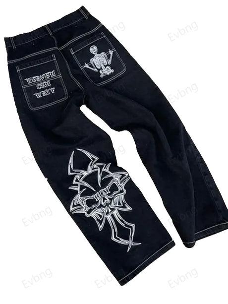 Women's Skeleton Embroidery Jeans, Men's Casual Street Style Loose Fit Jeans,Hip Hop Y2K New Straight Cargo Pants Streetwear - Lootquake