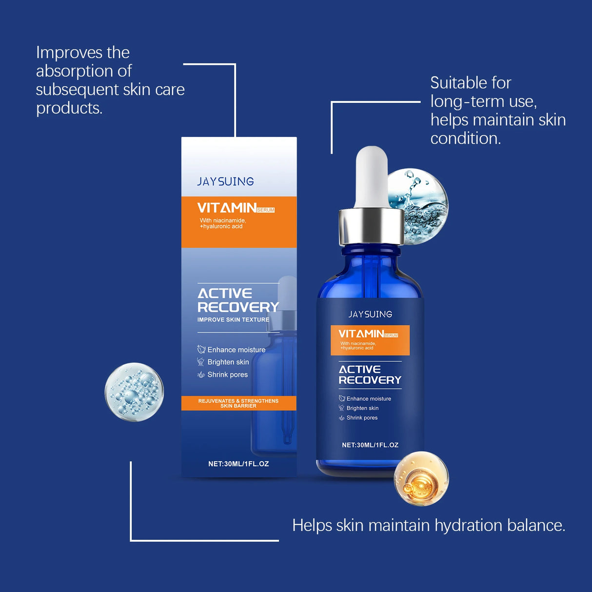 Suero facial con vitamina C y ácido hialurónico, nicotinamida, aclara manchas oscuras, opacidad, hidrata, reduce poros, antienvejecimiento y cuidado de la piel.