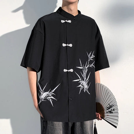 2025 Men Shirt Bamboo Embroried Short Sleeve Loose Summer Streetwear Men Clothing Korean Style Casual Tunic Shirts Plus M-5XL - Lootquake