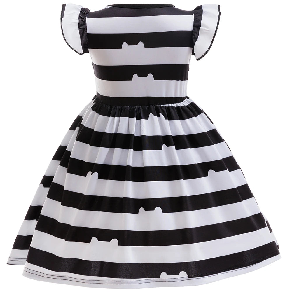 Girl Halloween Costume Set Black White Striped Dress With Cat Ears Headband Glasses Purse Accessories Birthday Party Outfit