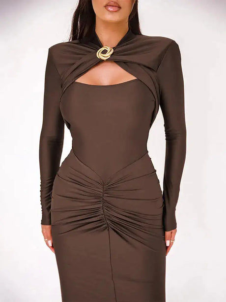 GACVGA Sexy Hollow Out Ruched Maxi Dress For Women 2024 Autumn Winter Long Sleeve Slit Slim Elegant Party Evening Long Dress - Lootquake