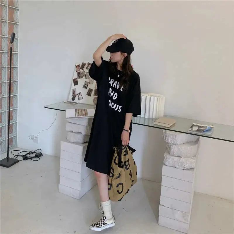 Harajuku Graphic White Long Dress Woman Clothing Y2k Casual Short Sleeve O-Neck Korean Fashion Summer Womens Loose Dresses 2024 - Lootquake
