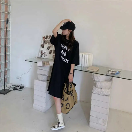 Harajuku Graphic White Long Dress Woman Clothing Y2k Casual Short Sleeve O-Neck Korean Fashion Summer Womens Loose Dresses 2024 - Lootquake