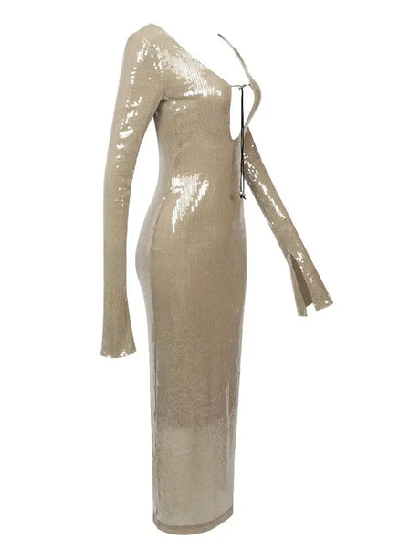 BEVENCCEL Sexy Luxury Sequins Deep V Long Sleeve Backless Sequins Long Dress Elegant  Bodycon Maxi Evening Party Clubwear Dress - Lootquake