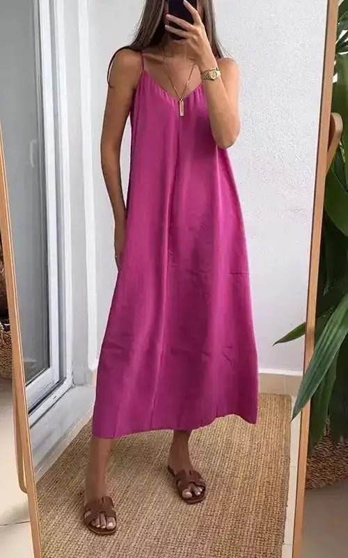 Summer Loose Spaghetti Strap Dresses Women Solid Color V-neck Casual Commuting Sleeveless Long Dress Female Fashion New Vestidos - Lootquake