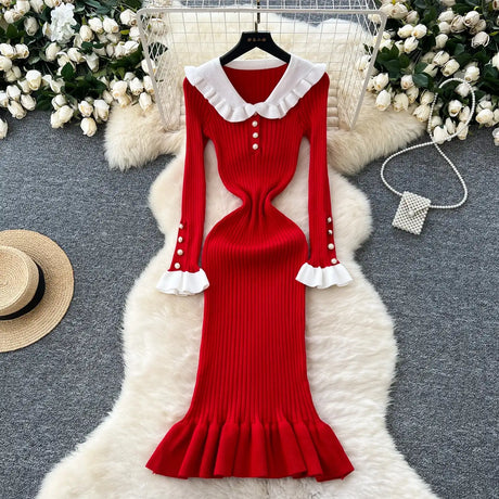 SINGREINY 2024 Hotsweet Slim Autumn Dress Women Peter pan Collar Long Sleeves Patchwork Preppy Style Mermaid Sweater Long Dress - Lootquake