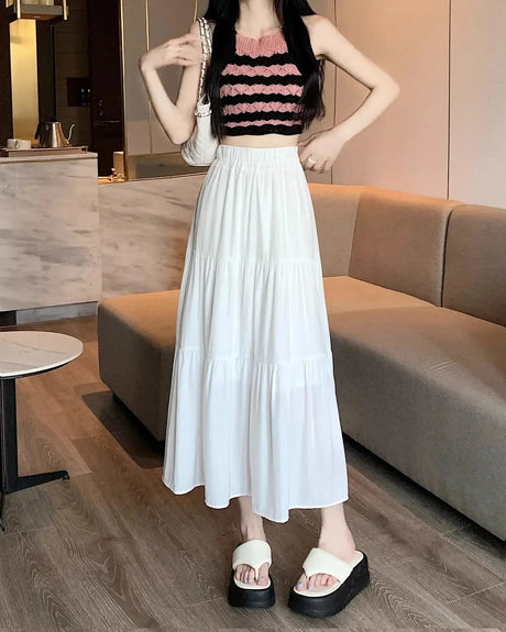 Spring 2024 New Women's Petite Black Umbrella Skirt High-waisted A- line White Dress Long Dress Drape Sense - Lootquake