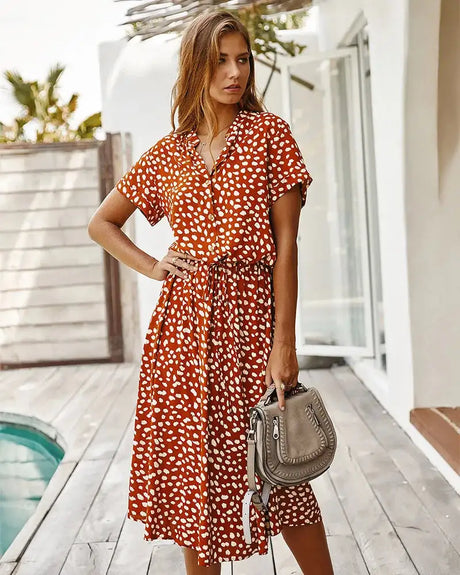 Vintage Floral Print Dress Women Boho Short Sleeve Long Dress Turn Down Collar Casual Waistband Shirt Dresses Robe 2021 Summer - Lootquake