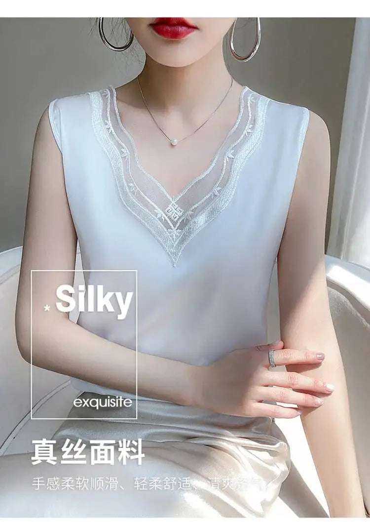 Nueva ropa de mujer, chaleco, camiseta sin mangas, traje de mujer, forro de encaje, verano 2024, nuevo top sin mangas de satén de seda, chalecos con tirantes