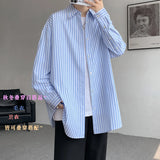 Camisa de rayas azules para hombre, camisa de vestir de la Sociedad de la Moda para hombre, camisa coreana holgada de manga larga, camisas casuales para hombre, talla grande 5XL