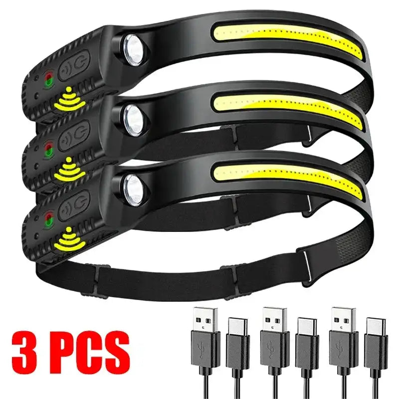 Linterna frontal con sensor LED, linterna frontal recargable, batería integrada, 5 modos de iluminación, para pesca y camping.
