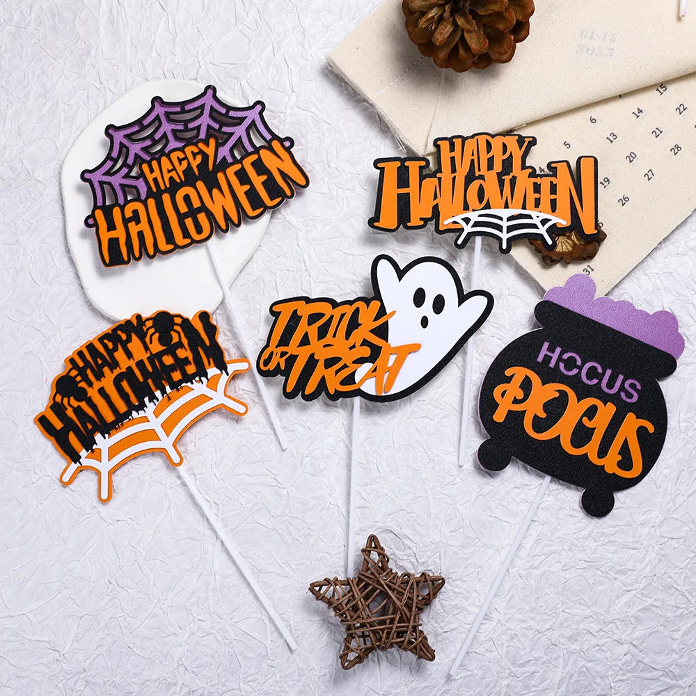 Happy Halloween Cake Topper Trick or treat Ghost Hat Bat Spider web Pumpkin Boo Goblin Bones Party Baking Cake Dessert DIY Decor