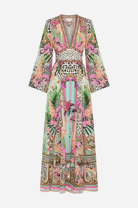 2024 Spring New V Neck Pink Leopard Print Heavy Beaded Women 100% Silk maxi long Dress - Lootquake