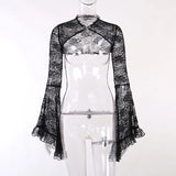 Lace Shrugs Sheer Crop Tops Long Bell Sleeves Cardigan Women Dark Gothic Wedding Punk Sexy Crochet Bolero Cover Up Shirt - Lootquake