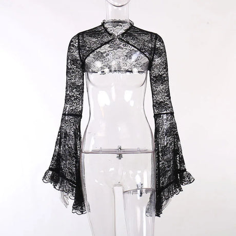 Lace Shrugs Sheer Crop Tops Long Bell Sleeves Cardigan Women Dark Gothic Wedding Punk Sexy Crochet Bolero Cover Up Shirt - Lootquake