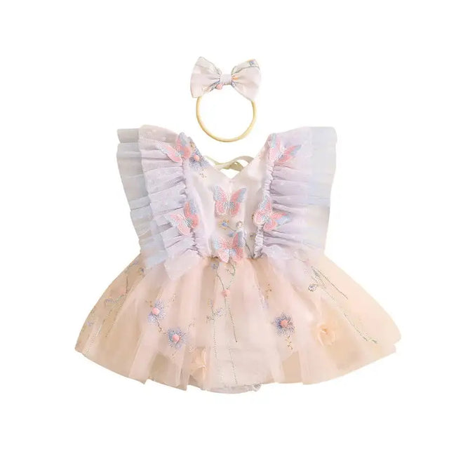 Pudcoco Baby Girl 2Piece Summer Set 3D Butterfly Flower Embroidery Fly Sleeve Mesh Romper Dress 3D Bow Headband Toddler Outfits - Lootquake