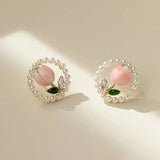 Kiss Jewelry Cute Sweet Flower Round Shape Pearl Rhinestone Stud Earrings for Women Tulip Floral Korean Fashion Earring Gift - Lootquake