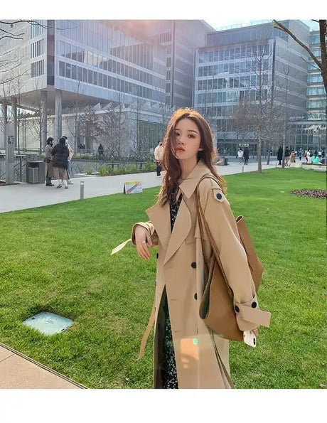 Streetwear Loose Trench Coat Midi Length Fashion Korean Elegant Khaki Black Women's Windbreaker Coat Casual Double Breasted Tops - Lootquake