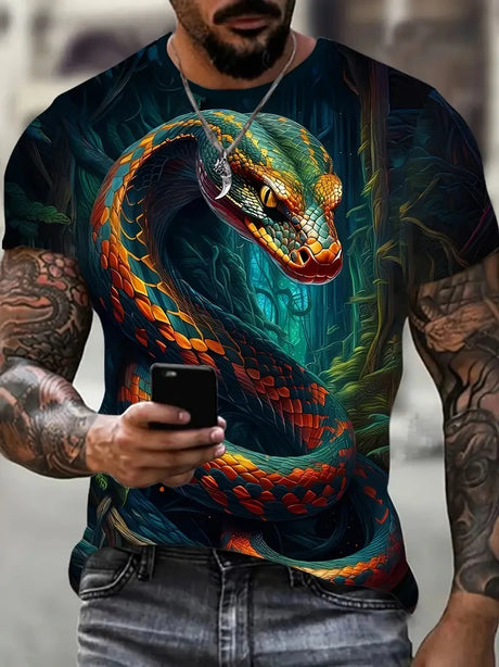 Fashion 3D Snake Printed T Shirt For Men Funny Animal Pattern Oversized T-shirt Summer Hip Hop Trend Clothing Casual O-neck Tops - Lootquake