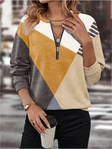 Color Blocked Printed Long Sleeved Zipper V-neck Women's T-shirt High Street Fashion Elegant Commuting Style Autumn Top - Lootquake