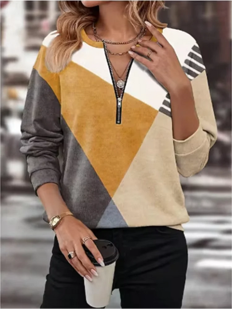 Color Blocked Printed Long Sleeved Zipper V-neck Women's T-shirt High Street Fashion Elegant Commuting Style Autumn Top - Lootquake