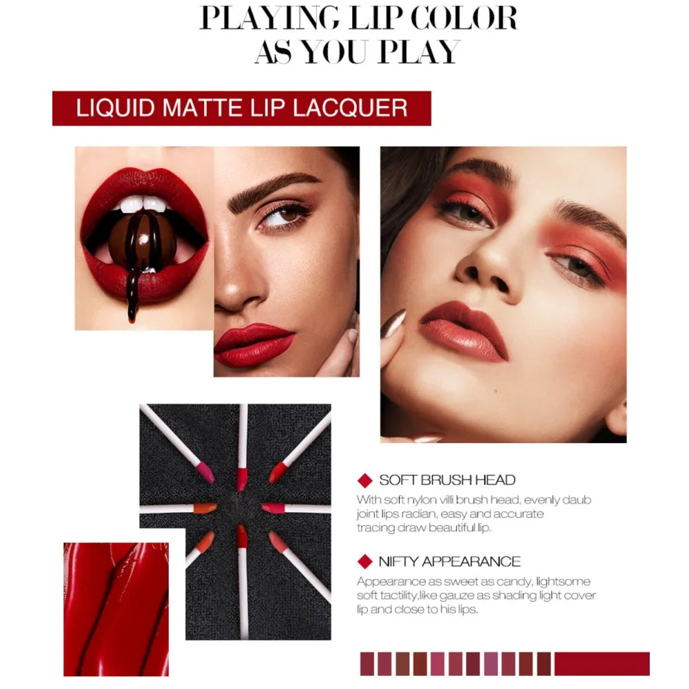 O.TWO.O 12 colores Lápiz labial mate aterciopelado de alta calidad Maquillaje de labios de larga duración Resistente al agua Fácil de usar Brillo labial líquido mate