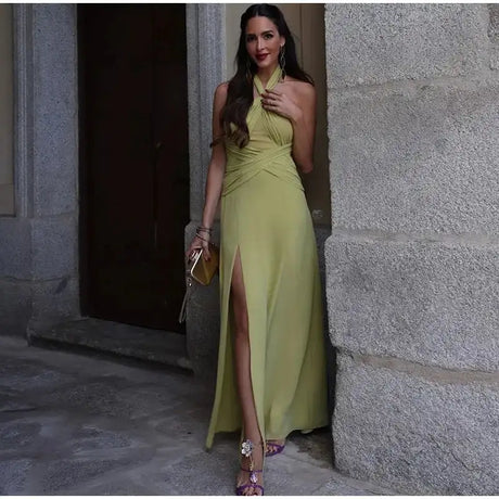 Hanging Neck Strap Split Long Dress Women Wrap Chest Backless High Waisted Slim Fit Robes Summer Chic Female Streetwear Vestido - Lootquake