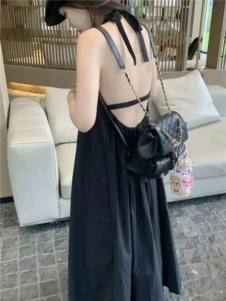 Vestido de vacaciones de verano estilo tailandés con espalda abierta, cuello halter, antiedad, para fotografía, playa, largo, con cinturón
