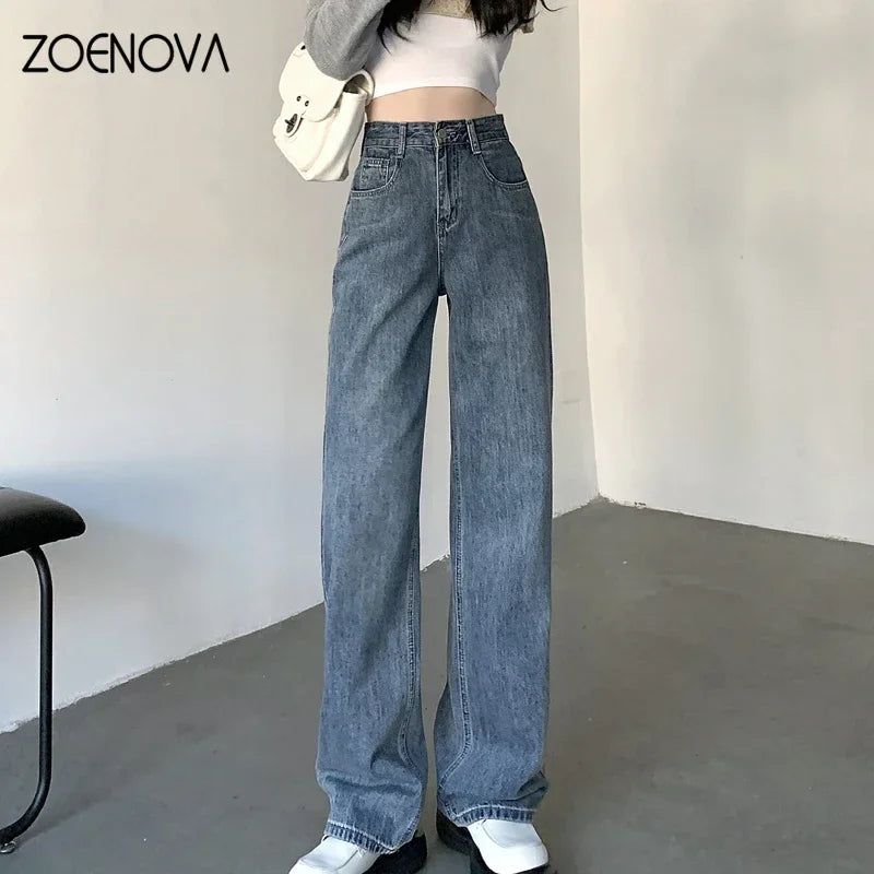 ZOENOVA High Waisted Jeans Y2K Fashion Women Clothing Blue Black Straight Leg Denim Pants Trousers Mom Jean Baggy Trousers Tall - Lootquake