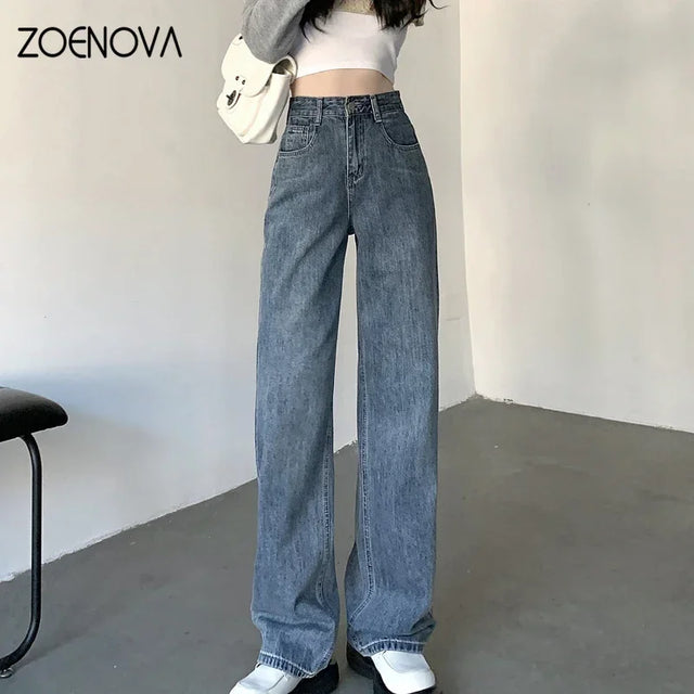 ZOENOVA High Waisted Jeans Y2K Fashion Women Clothing Blue Black Straight Leg Denim Pants Trousers Mom Jean Baggy Trousers Tall - Lootquake