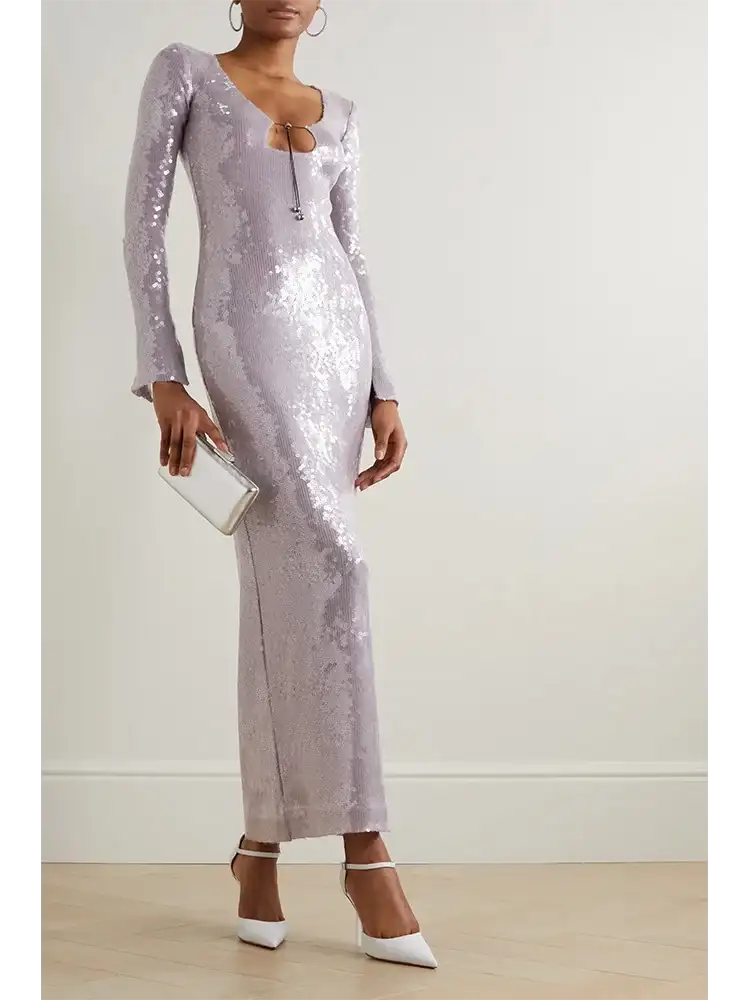 BEVENCCEL Sexy Luxury Sequins Deep V Long Sleeve Backless Sequins Long Dress Elegant  Bodycon Maxi Evening Party Clubwear Dress - Lootquake