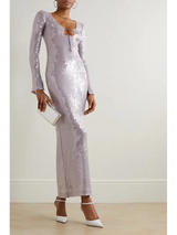 BEVENCCEL Sexy Luxury Sequins Deep V Long Sleeve Backless Sequins Long Dress Elegant  Bodycon Maxi Evening Party Clubwear Dress - Lootquake