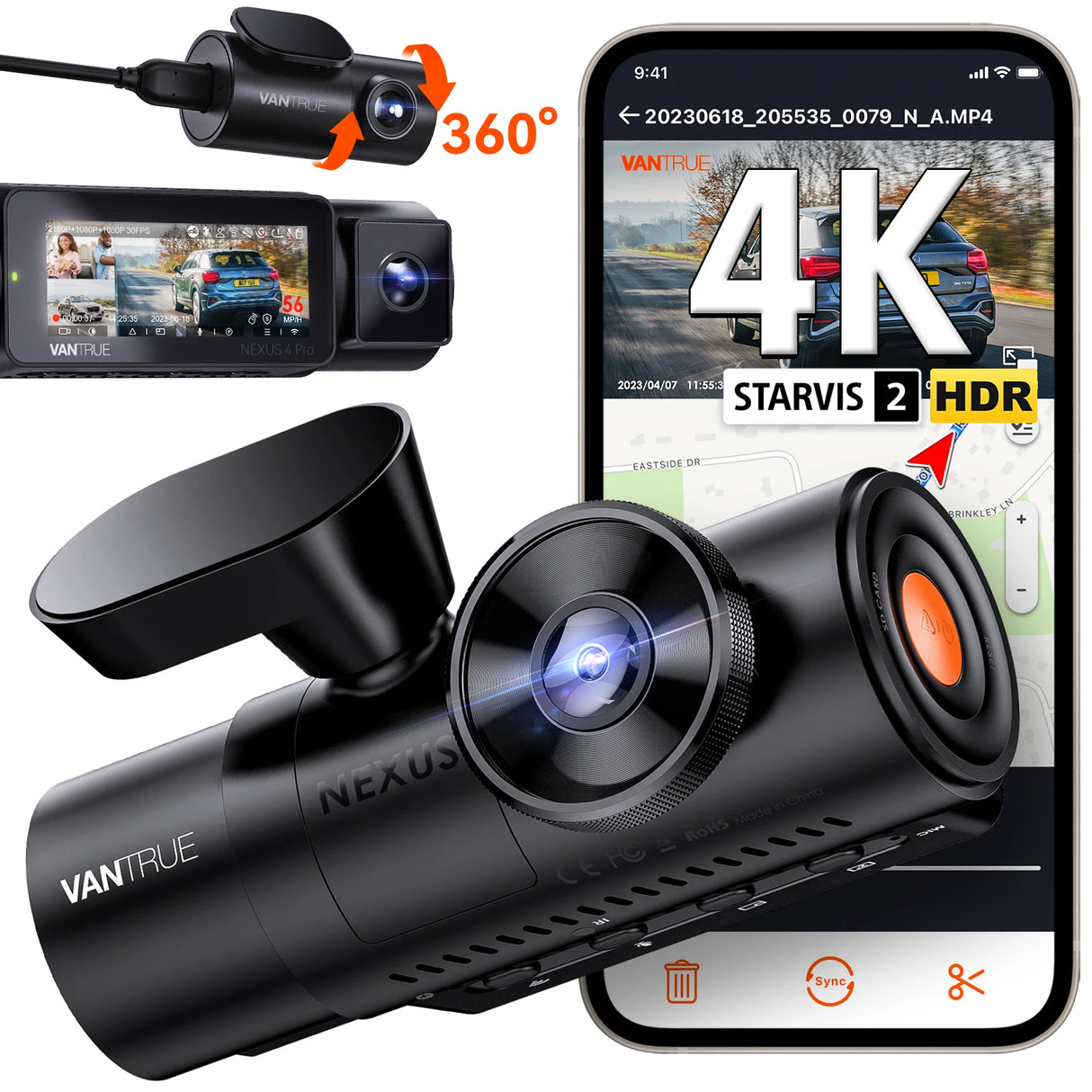 Cámara de salpicadero Vantrue N4Pro 4K Wi-Fi de 3 canales con control de voz, IMX678, visión nocturna, HDR, GPS, modo de carga 24 horas, para coche