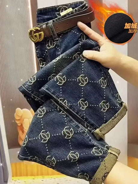 2025 New Trend Thick Retro Jeans Women Embroidery High Waist High Waist Harem Pants Winter Autumn Causal Loose Capri Pants - Lootquake