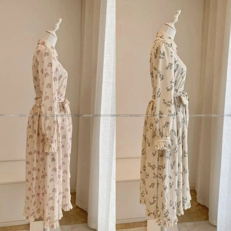 2025 New 100% Linen Flower Print Long Sleeve Tie Up Waist Loose Long Dress - Lootquake