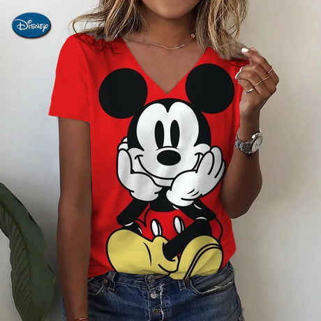 Women's T-shirts Disney Mickey Mouse 3D print New V-neck Short Sleeve Summer Casual Women's Clothing Harajuku Y2K Hip Hop Clothe - Lootquake