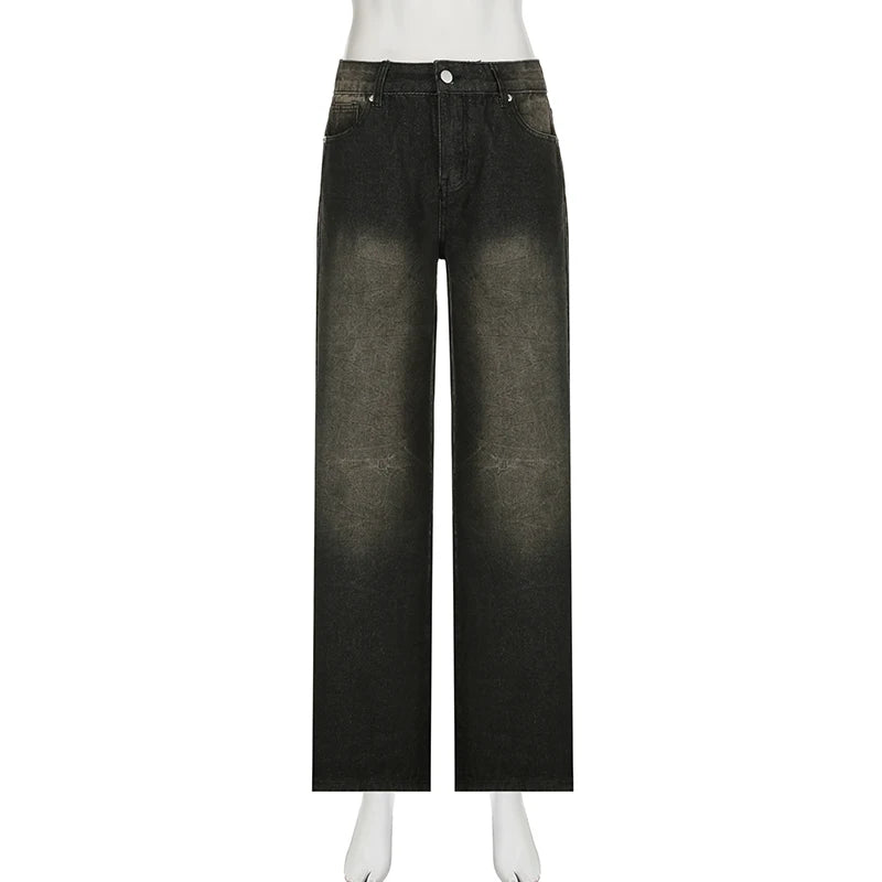 SUCHCUTE Low Waist Jeans for Women Goth Y2k Style Baggy Jeans Punk New Jeans Wide Leg Denim Pants Kpop Casual Loose Streetwear - Lootquake