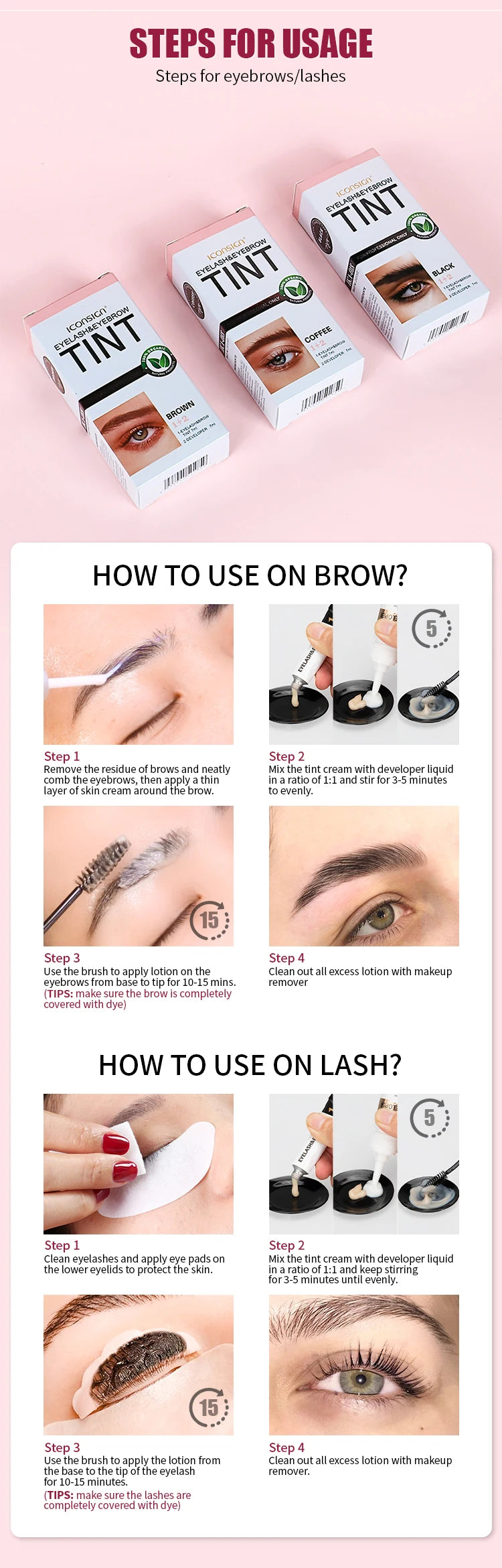 Kit de tinte para pestañas ICONSIGN para cejas, resistente al agua, 15 minutos de duración, para realzar las cejas y mantener el maquillaje de larga duración.