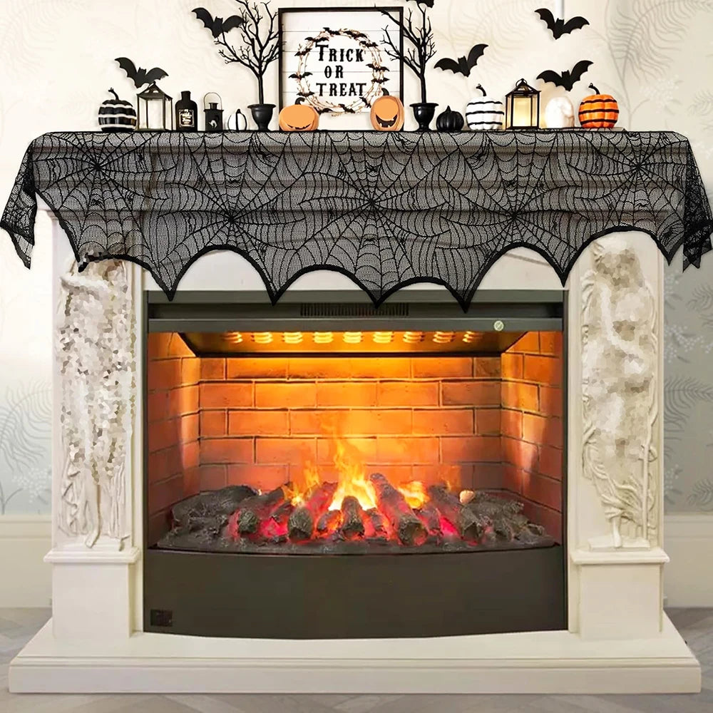 Halloween Decorations Set Spider Web Table Runner Fireplace Scarf Cover Tablecloth 3D Bats Wall Stickers Halloween Party Decor
