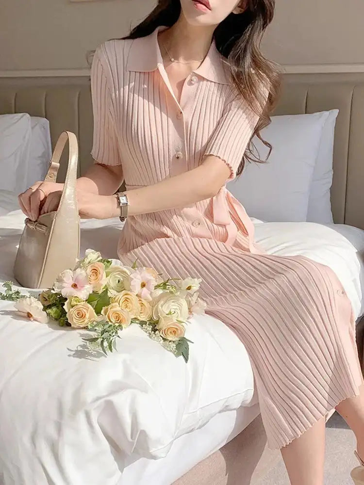 Elegant Summer Sweet Sle Turn-down Collar Single-button Thin Ice Silk Short-sleeve Knitted Long Dress Women's Fashion - Lootquake